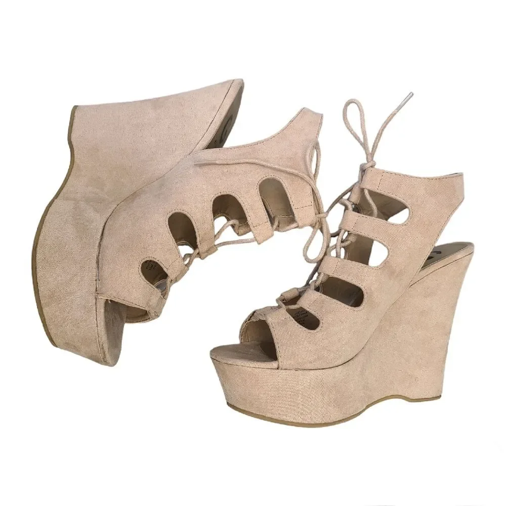 G by Guess Womens Beige Lace Up Cutout Platform Wedge Booties 9.5M